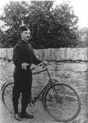 RIC officer with bicycle -  An tSean Bheairic:  Falcarragh visitor information, cultural, educational, heritage centre housed in the historic old Royal Irish Constabulary  barracks, An Fál Carrach, County Donegal, Ireland