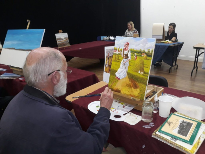 Painting class in An tSean Bheairic:  Falcarragh visitor information, cultural, educational, heritage centre housed in the historic old Royal Irish Constabulary  barracks, An Fál Carrach, County Donegal, Ireland