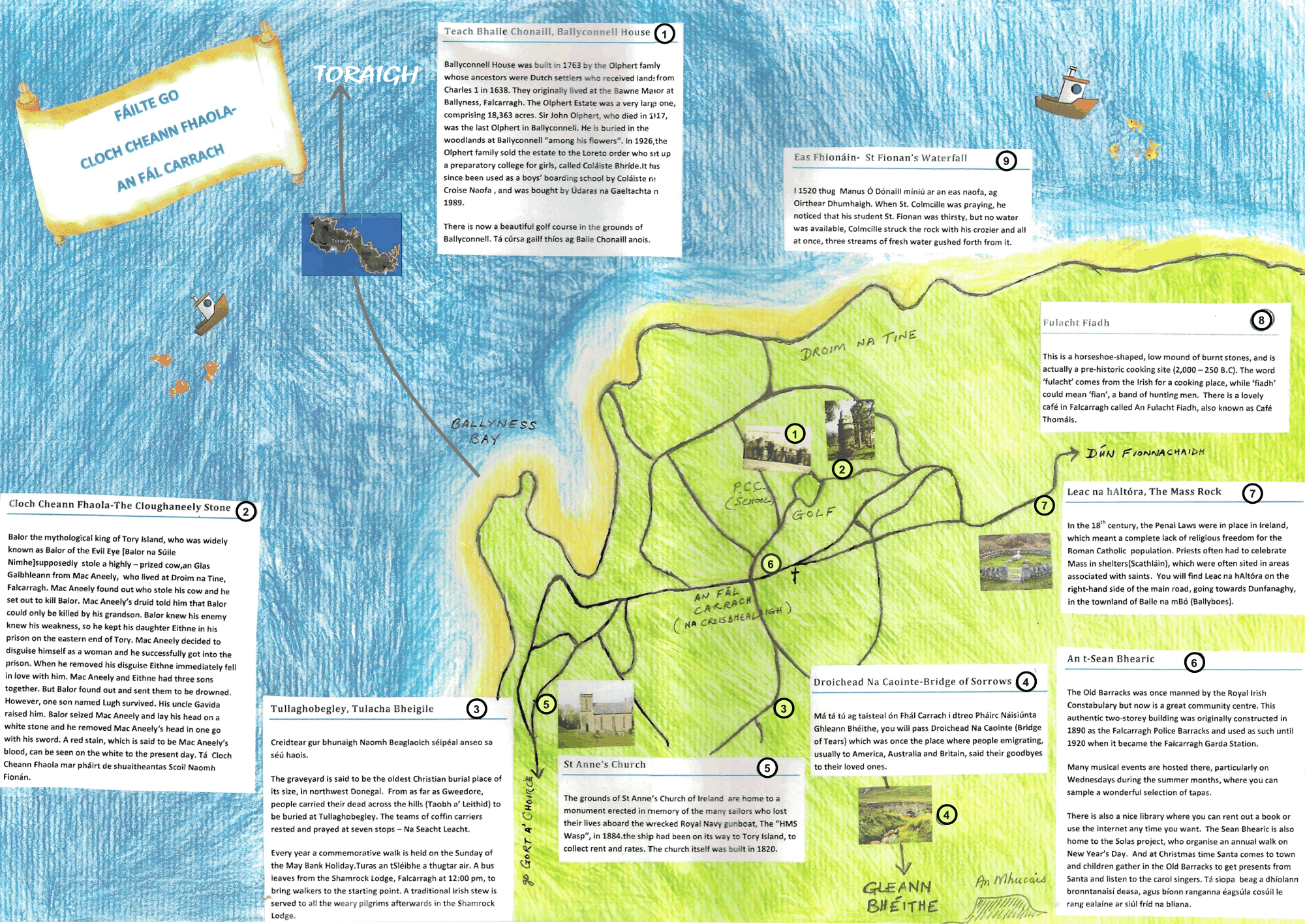 Map of Falcarragh and Area with Local attractions in Cloughaneely, County Donegal, Ireland